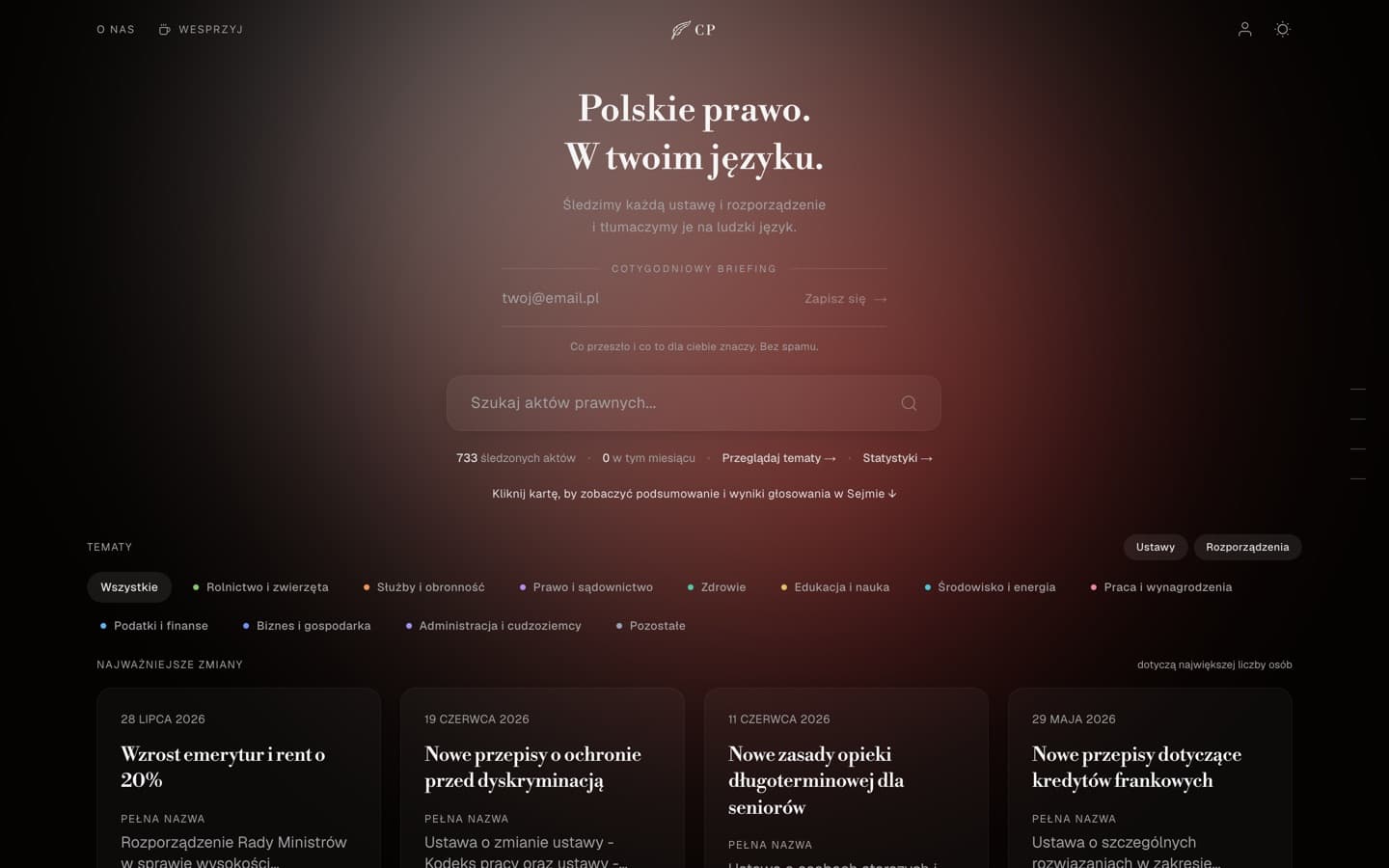 Co przeszło home page: “Polskie prawo. W twoim języku.” over a dark field