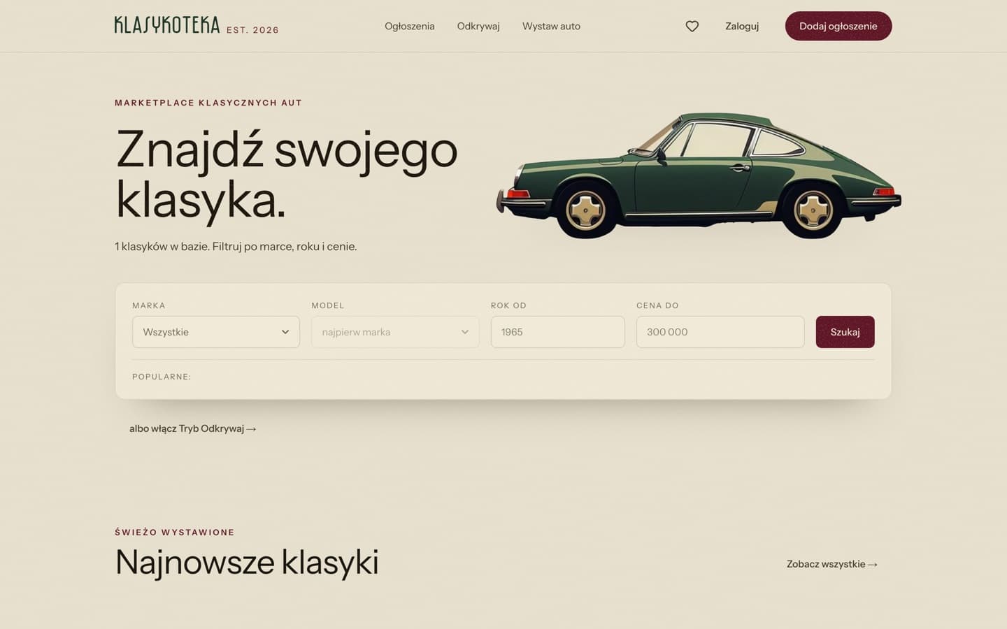 Klasykoteka home page: the search panel over a classic green coupe